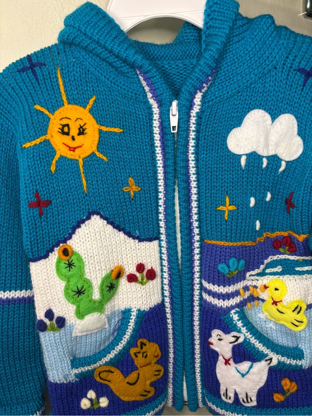 Handmade Peruvian Kids Knit Zip Jacket Arpillera Embroidered 4T Blue Folk Art - Picture 2 of 4